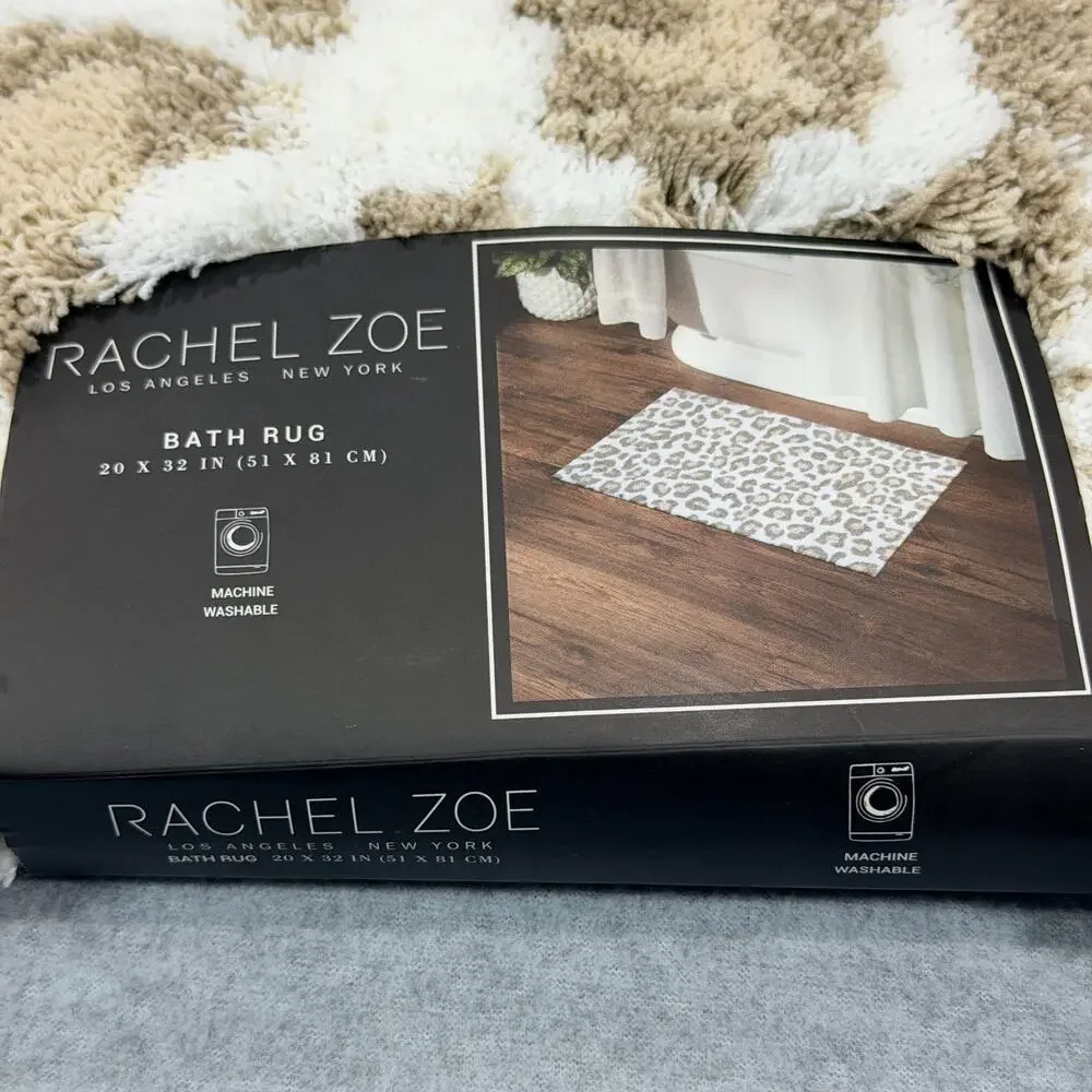 Rachel Zoe Leopard Animal Print Bath Rug Beige Tan White Plush Mat 20x32 NWT